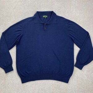 Orvis Polo Sweater Mens Large Blue Cotton Silk Cashmere Long Sleeve Knit L